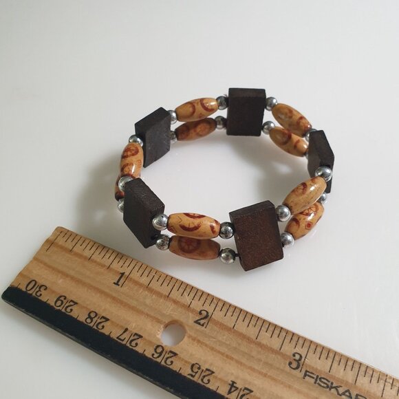 Wood Rectangular Bead Elastic Bracelet Printed Oval Accents Handmade Boho - Picture 3 of 3